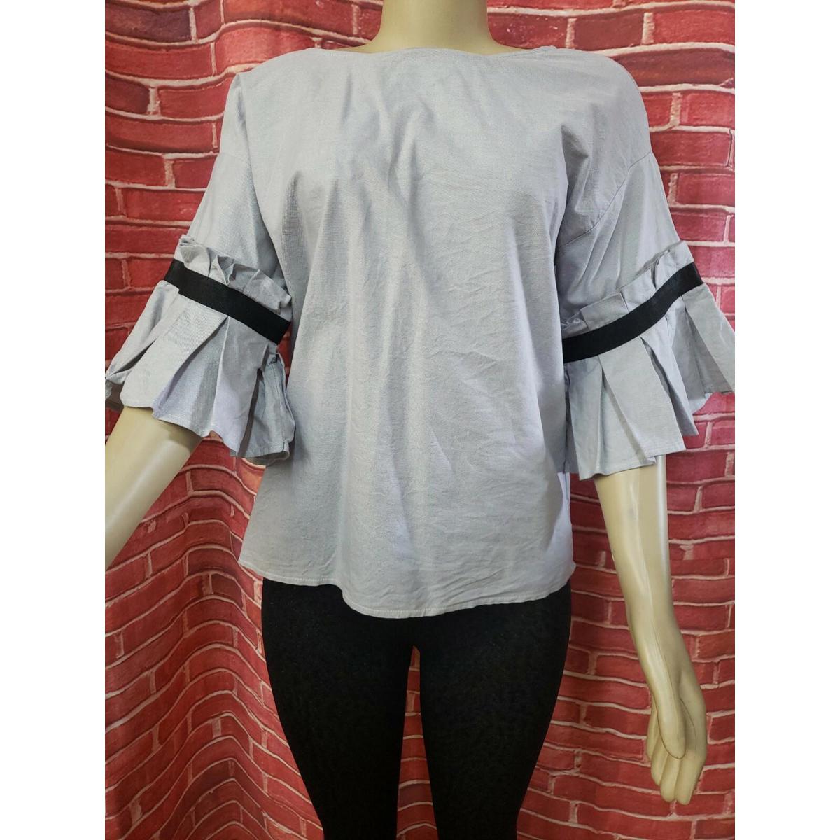 Chep Ansaldo Made In Italy Womens Blue Pleated Sleeve Size M Top Blouse #C